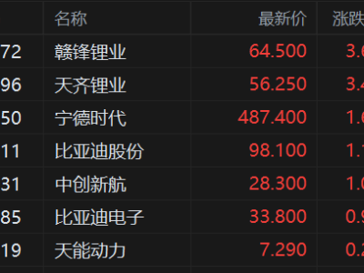 港股異動丨鋰電池股普漲 天齊鋰業(yè)漲3.4% 寧德時代漲1.6% 碳酸鋰期貨大漲