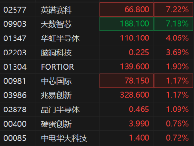 港股異動丨半導體股拉升 英諾賽科漲超7% 華虹半導體、兆易創新齊創新高
