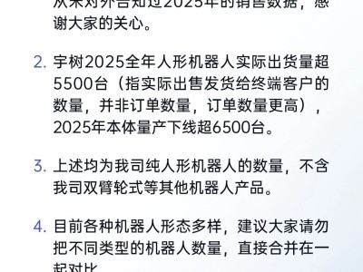 宇樹澄清2025年人形機器人出貨量：實際超5500臺，本體量產下線超6500臺