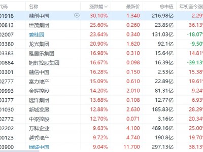 港股異動丨內房股集體飆升！融創中國漲超30%，世茂集團漲超25%，碧桂園漲超23%