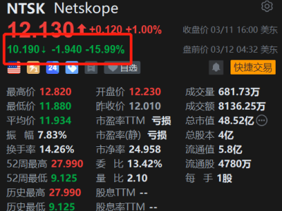 美股異動丨Netskope盤前大跌16% Q4虧損收窄但指引較為保守