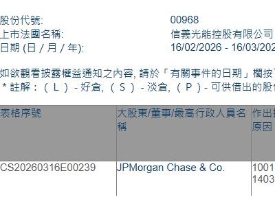 信義光能(00968.HK)獲摩根大通增持948.45萬(wàn)股