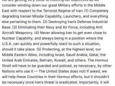 特朗普：正考慮逐步降級對伊朗的軍事行動，接下來將不再保障霍爾木茲海峽的安全