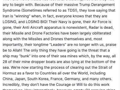 特朗普:已經開始清理霍爾木茲海峽,以造福世界各國